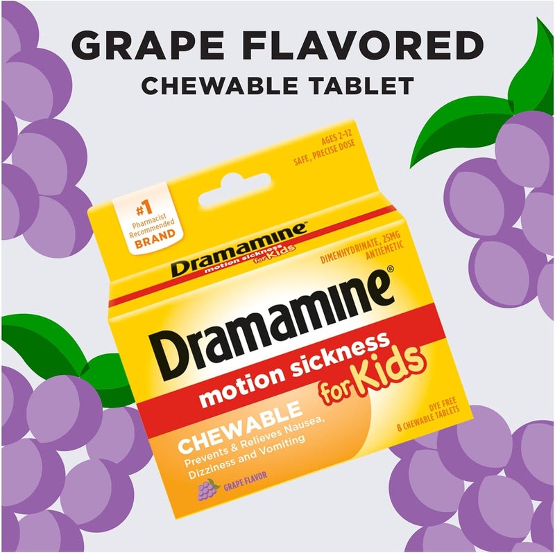 Dramamine Motion Sickness Relief for Kids - Chewable Grape Flavor, 8 Count (Pack of 2) - Image 5